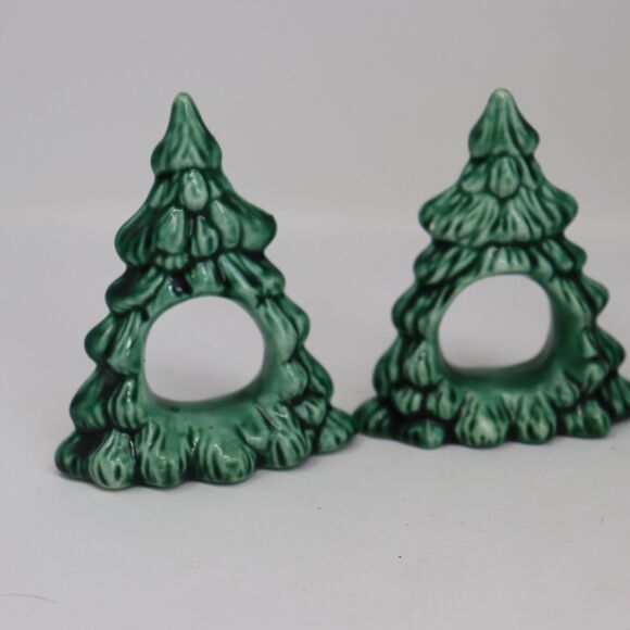 VTG Set 5 Ceramic Glazed Christmas Tree Napkin Rings Holiday Tableware 3" High - Picture 2 of 5